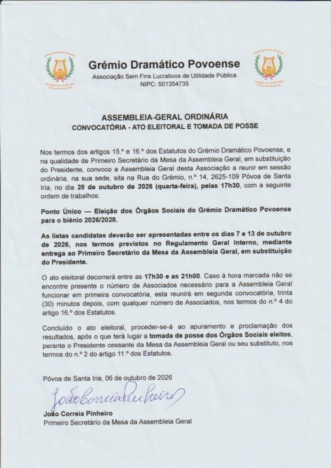 Capa de Assembleia-Geral Ordinária — Eleições 2026